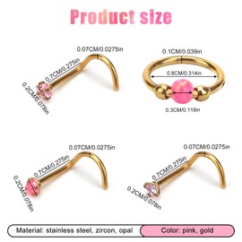 Mikovivi 4pcs Stainless Steel Nose Rings, L Shaped Nose Studs Steel Hinged Clicker Segment Rings Hoop for Nostril Septum Cartilage Helix Rook Earlobe Lip Piercings(Pink)