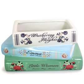 Ligtmor Small Book-Shaped Decorative design Planter, Ceramic for Home Decor, Cute Bookshelf, Unique for Book Lovers, Classic Titles Bookstack