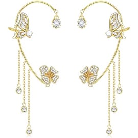 BSLVWG Pack of 2 Ear Wrap Earrings, Silver Butterfly Cuff Earrings, Ear Cuff Earrings, No Piercing Ear Clip Wrap Flowers Tassel Long Cuff Earrings for Women Girls, Alloy Steel