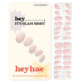 Heyhae Semi Cured Gel Nail Strips | Sun Cured Gel Nail Wraps No LED Lamp Needed Easy Apply & Remove | Includes 28 strips, 1 Prep Pad, 1 Nail File & 1 Wooden Stick - Hey, It's Glam Night