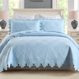 MarCielo 3-Piece 100% Cotton Oversized Bedspread Set Coverlet Set Lightweight Quilt Set Embroidery Farmhouse Bedding Set (TK Light Blue, King (118"x106"))
