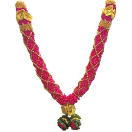 Grehge Indian Garland Haar Mala for Idol of 15 to 18 Inches Frame Red Satin Ribbon / Golden Bead