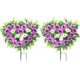 Lodou 2 Sets Artificial Cemetery Flowers, Grave Memorial Flowers with Ground Spike,Heart Shaped Wreaths Rose Flowers for Artificial Rose Decoration for Cemetery Headstones Gravesites (Purple)