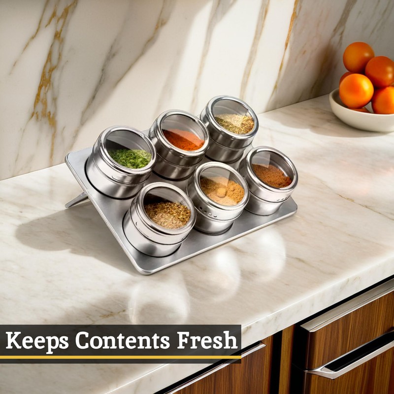 Premier Housewares Stainless Steel Magnetic Tray with 6-Spice Jars