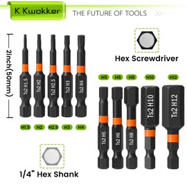 K Kwokker 10PCS Hex Allen Key Drill Bit Set, 50mm S2 Steel Metric Hex Head Allen Wrench Drill, H1.5-H12 1/4" Shank Magnetic Bits Set with Locking Carabiner