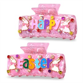 PHALIN Easter Hair Claw Clips for Women Bunny Hair Claws Large Pink Square Crystal Carrot Hair Barrettes Easter Accessories Outfits Gifts for Spring Holiday (Pattern A)