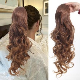 Long Dark Brown Wavy Curly Drawstring Ponytail Extensions for Black Women Brown Blonde Highlights Drawstring Ponytail Multi-layered Fluffy Thick Clip-in Hair Extensions Natural Soft Synthetic Hairpiece for Women