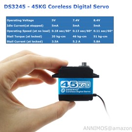 ANNIMOS 45KG High Torque Servo 8.4V Coreless RC Steering Servo Motors Stainless Steel Gear Low Profile Waterproof for 1/8 1/10 1/12 Scale Cars DIY Robotic - 270 Degree