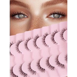 Cat Eyelashes Wispy False Eyelashes Natural 12mm Short Lashes with Thin Band Fake Eyelash 3D Volume Strip Lashes Siligli Eyelash Pack 7 Pair