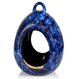 Byer of Maine Egg Fly Through Bird Feeder for Outside, Easy to Refill, High Fired Porcelain Stoneware with Glossy Glaze, 2lbs, Mottled Blue, 8”x6”x7”