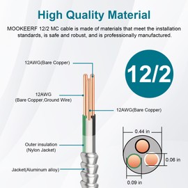 MOOKEERF 12/2 MC Cable with Ground - 10FT Pure Copper 12AWG/2 Metal Clad Wire with Aluminum Armor 12 Gauge 2 Conductor Type MC Alum Cable