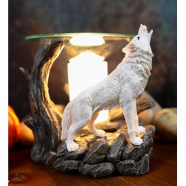 Ebros Arctic Tundra Forest Snow White Ghost Wolf Howling at The Moon Electric Oil Burner Tart Warmer Aroma Scent Statue Night Light Home Fragrance Aroma Accessory Spirit Wolves Timberwolf Figurine
