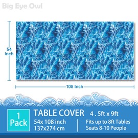 Big Eye Owl Plastic Ocean Waves Tablecloth Blue Under The Sea Party Print Table Cover for Beach Pool Birthday Party Decoration Supplies Shark Dolphin Table Cloths 54 * 108 Inch
