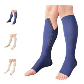 Ziperior Calcetines de compresión con puntera abierta de 15 a 20 mmHg, color blanco, gris marino, con cierre interior (azul marino, 3XL)