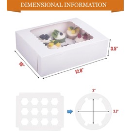 LONGTEAM 2-Set Cupcake Boxes Hold 12 Standard Cupcakes, Food Grade Cupcake Holders Bakery Carrier Boxes with Windows and Inserts for Cupcakes, Muffins and Pastries (White-2 Pack)