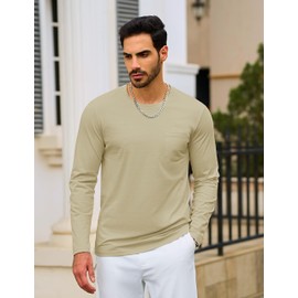 TACVASEN Men's Long Sleeve Cotton Shirts Crew Neck Pocket Tshirts Casual Lightweight Moisture Wicking Summer Khaki S