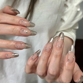 French Tip Press on Nails Medium Fake Nails Silver False Nails Almond Shape Acrylic Nails with Rhinestone Design Full Cover Artificial Nails Luxury Glossy Glue on Nails Cute Stick on Nails for Women
