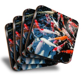 Destination Vinyl ltd Great Coasters (Set of 4) Square - Koi Carp Pond Fish Japanese Drink Glossy Coasters/Tabletop Protection for Any Table Type #21766