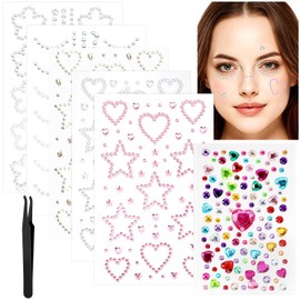 6 Sheets Face Gem Stickers Bling Heart Sticker With Tweezer Self-Adhesive Rhinestone Jewel Stickers Assorted Shapes Eye Jewels DIY Face Gems Stick on Hair Accessories For Girls for Makeup Body Crafts