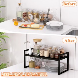 DOLALIKE Expandable Kitchen Countertop Organizer, Stackable Cabinet Shelf Organizers, Space Saving Spice Rack Pantry Storage for Bathroom Office Organization (Black, 1 Pack)