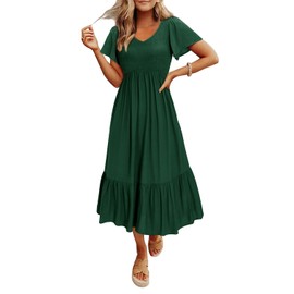 II ININ Women's Summer Maternity Dresses Casual V Neck Short Sleeve Smocked A Line Flowy Beach Vacation Baby Shower Long Dress Trendy 2025(Dark Green,L)