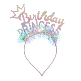 Coridy Birthday Headbands for Girls Women Light up Birthday PRINCESS Hair Crown Pink Glitter Tinsel Hair Accessories