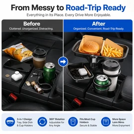 Car Cup Holder Tray for Road Trips – 360° Rotating Expandable Food Table for Snacks & Drinks
