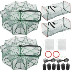 2PCS Fishing Bait Trap Crab Net 10 Holes and 2 PCS Square Crab Crawfish Trap Fishing Trap for Minnow Crawfish Shrimp Crawdad with Rope Large Fishing Net for Bait Fish