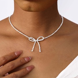 CORIXTAL Pearl Bow Necklace Black and White Bow Jewelry Trendy Pearl Chain Choker Cute Necklaces for Women Wedding Birthday Prom Party Bar