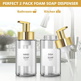 RYTOXILO Foaming Soap Dispenser, 10 oz/300ml Gold Soap Dispenser, 2 Pack Glass Foaming Hand Soap Dispenser for Bathroom & Kitchen, Clear Refillable Foam Soap Dispenser Bottle with Waterproof Labels