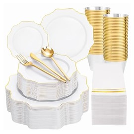 WDF 350PCS White and Gold Plastic Plates - Gold Plates Disposable 50Guest Plastic Dinnerware Ideal for Party/Wedding/Birthday/Mother's Day