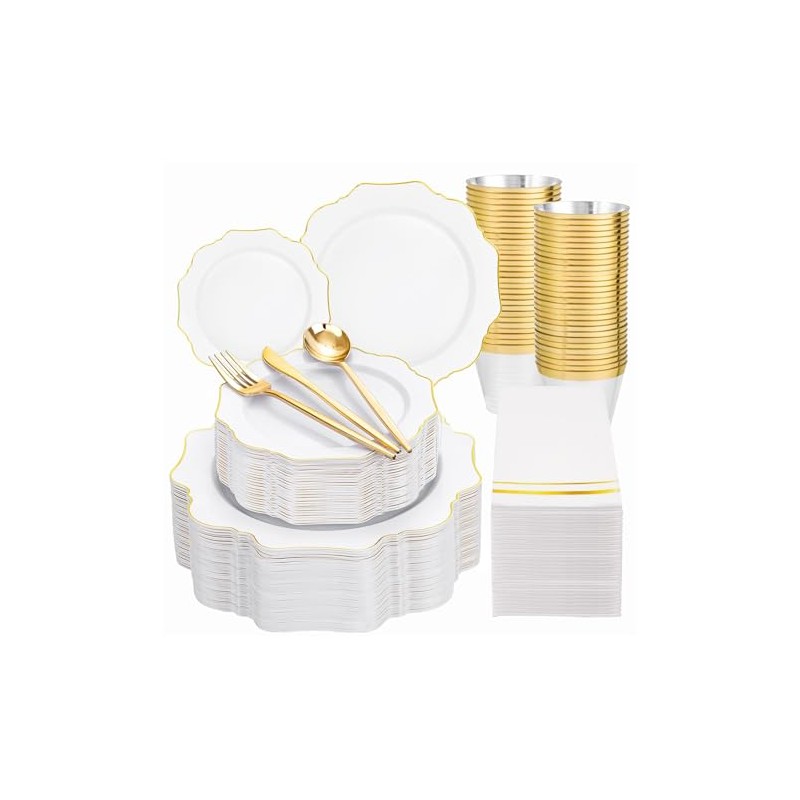 WDF 350PCS White and Gold Plastic Plates - Gold Plates