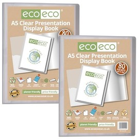 eco-eco A5 Size 50% Recycled 80 Pocket Clear Presentation Display Book, Storage Case Portfolio Art Folder with Plastic Sleeves, Pack of 2, eco149x2