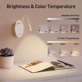 Jowbeam LED Wall Mounted Book Light, Reading Lights for Books in Bed, 3 Dimmable, USB Output, Night Light, Rechargeable Flexible Gooseneck Headboard Book Lamp（2pcs