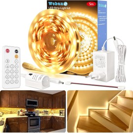 WOBANE LED Strip with Motion Sensor, 5 m LED Strip, Warm White, Dimmable, 12 V Flexible LED Strip with Remote Control, LED Night Light with Light Sensor for Wardrobe, Stairs, Bed, Kitchen, Cupboard,