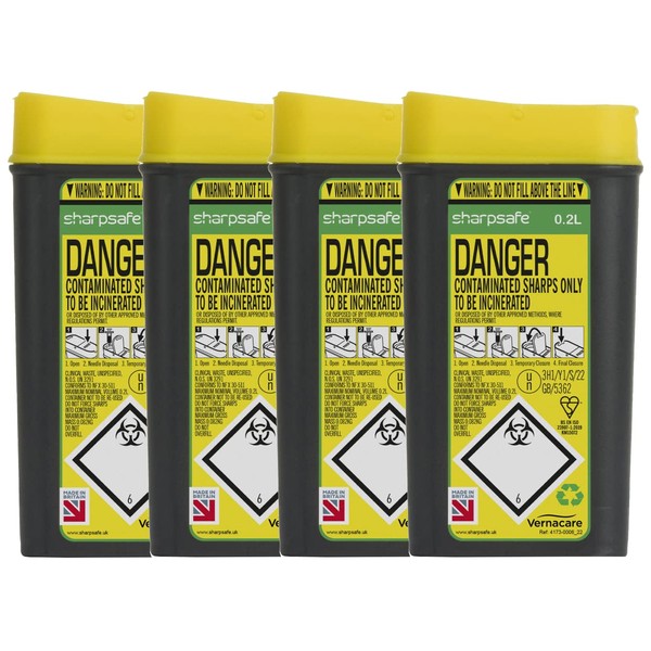 Sharpsafe Sharp Bin, 0.2 Litre,Yellow, Pack of 4