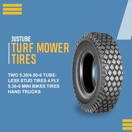 Two 5.30/4.50-6 Tubeless Stud Tires 4 Ply 5.30-6 Mini Bikes Tires Hand Trucks, 4 Ply Construction for Durable Performance, Ideal for Mini Bikes and Hand Trucks on Various Terrains
