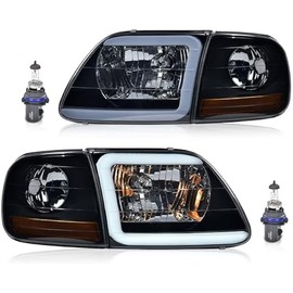 G-PLUS LED Lightning Style Headlights & Corner Parking Lights Compatible with 1997-2002 Ford Expedition/Fit 1998-2003 Ford F150/Fit 1997-1999 F250 Smoke Lens Black Housing Amber Reflector