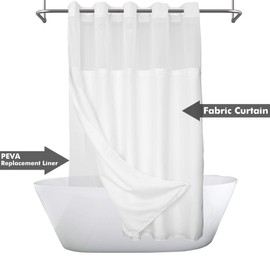 River Dream Long No Hook Slub Textured Shower Curtain with Snap-in PEVA Liner Set - 71" x 77"(75"), Hotel Style with See Through Top Window, Fabric Curtain & Waterproof Liner, White, 71x77