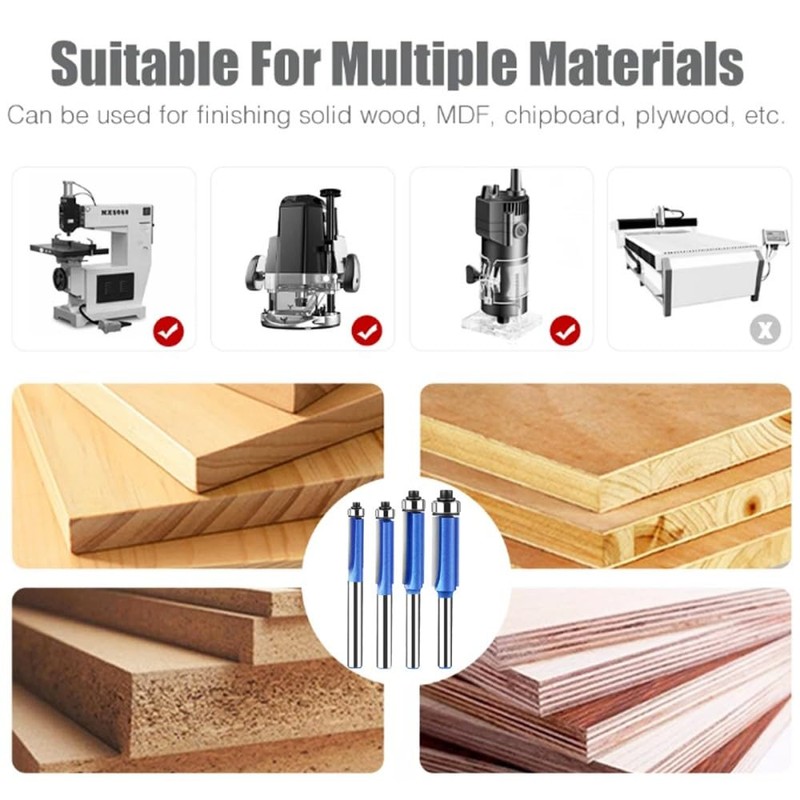 Wolfride 4PCS Flush Trim Router Bit Set 1/4 Inch Shank