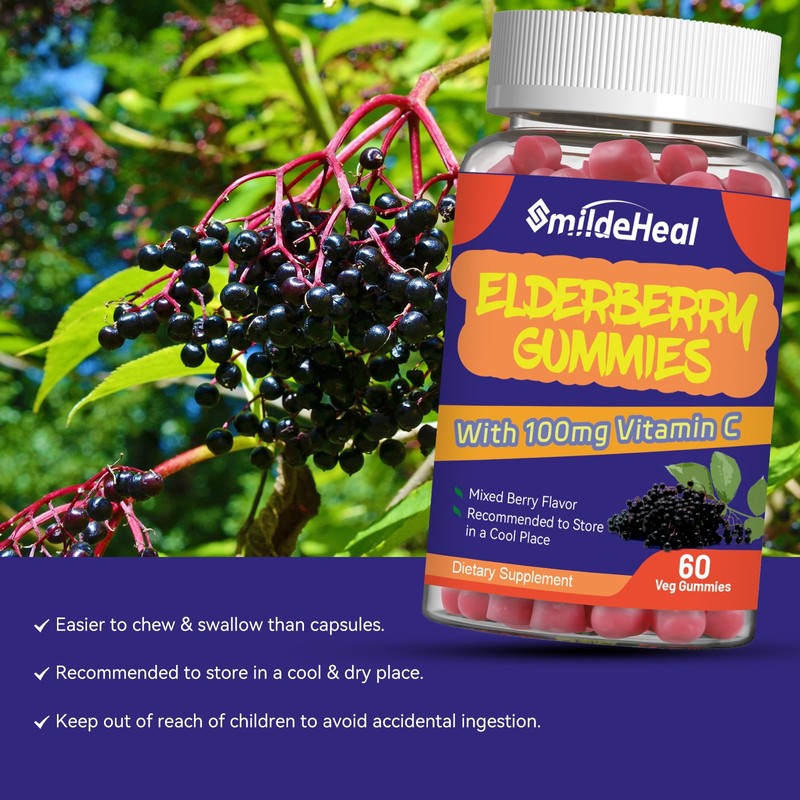 SmildeHeal Elderberry Gummies, Elderberry Extract 300mg, with Vitamin C and