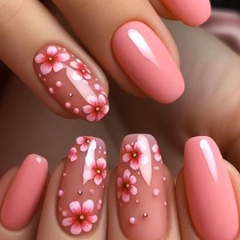 Flower Press on Nails Medium Ballet Glue on Nails with Ombre Floral Pink White Design Glossy Nude Fake Nails Cute Reusable Summer False Nails Full Cover Spring Stick on Nails for Women Girls Manicure