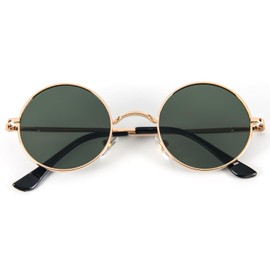 MMOWW Men Women Round Vintage Polarized Retro Classic Metallic Sunglasses UV400 Protection, Gold - Dark Green