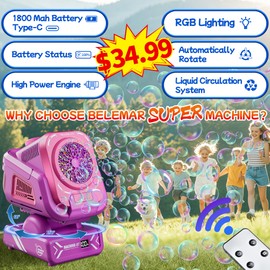 2025 Upgraded Bubble Machine with Remote Control, Automatic Rotation & RGB Lights, 1800mAh Rechargeable Battery, Type-C Charge, Bubble Maker for Kids, Weddings, Birthday Parties, Outdoor Activities