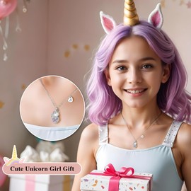 Aueoero Women 3D Initial Unicorn Necklace, Heart Necklaces, Birthday Christmas Gift (Silver, A.)