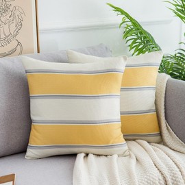 Set of 2 Cushion Covers, Linen Decorative Cushion Cover, Striped Cushion Cover, Sofa Cushion, Decorative Couch Cushion Cover, Modern Decoration for Living Room, Bedroom, 50 x 50 cm, Yellow Light Grey