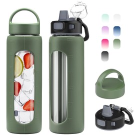 Kodrine 24oz Glass Water Bottle With Straw and 2 Lids, Olive