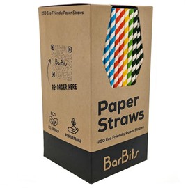 BarBits Striped Paper Drinking Straws Pack of 250 - Mixed Colours, Biodegradable & Recyclable Paper Drinking Straws, Ideal for Cold and Hot Drinks