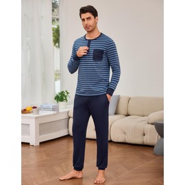 Leversic Mens Pyjamas Set Cotton Winter Pajamas for Men Long Sleeve Henley Shirts Pajama Tops With Full Length Sleep Bottom Men Sleepwear Set S-3XL(Blue Wide Stripe,L)