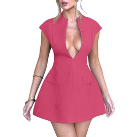 YMDUCH Women's Sexy Deep V Neck Cap Sleeve A-line Mini Club Party Dress Rose
